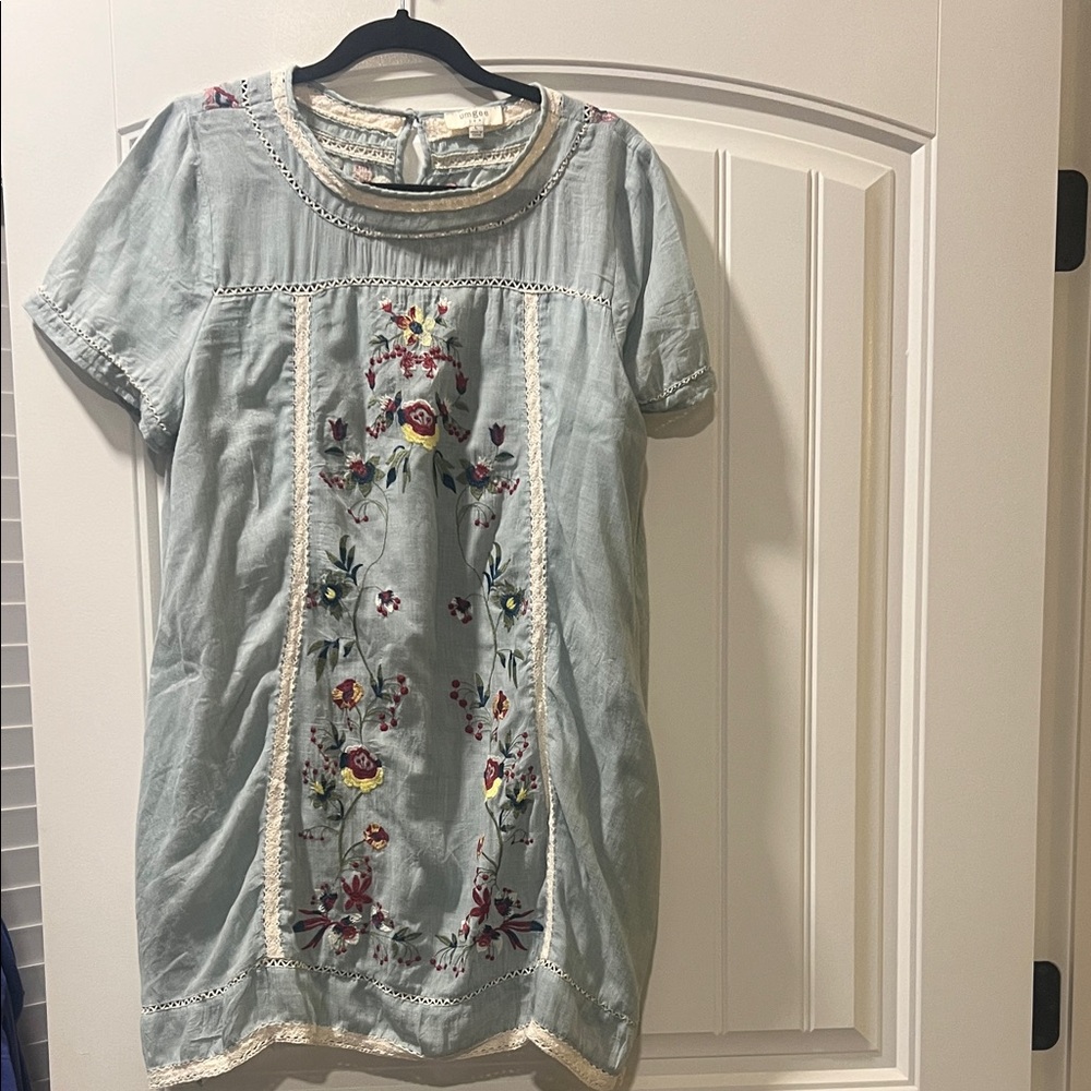 Umgee Mini Dress with Lace Trim - Cream and Light Blue